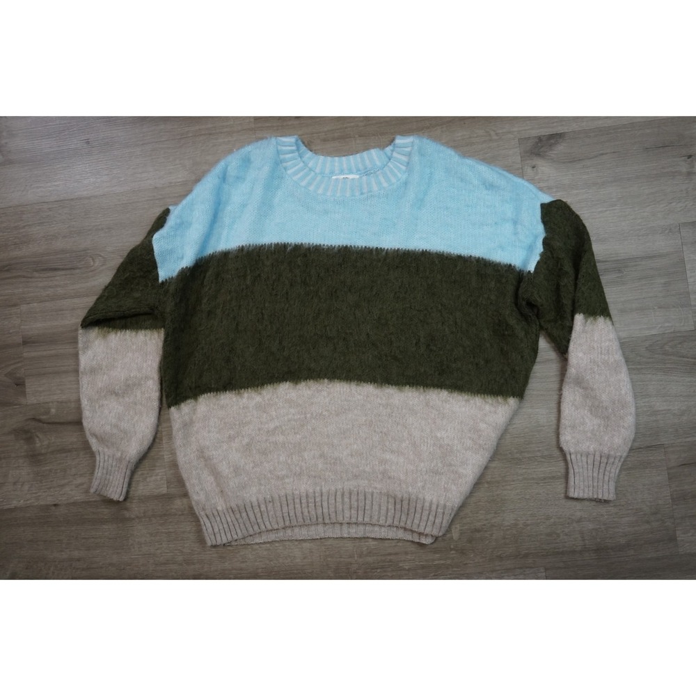 New BP. Womens 1X Fuzzy Soft Colorblock Stripe Beige Green Blue Pullover Sweater